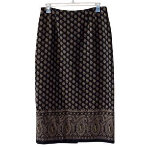 Briggs NY Womens L Black Gold Geometric Paisley Maxi Pencil Skirt Back Slit